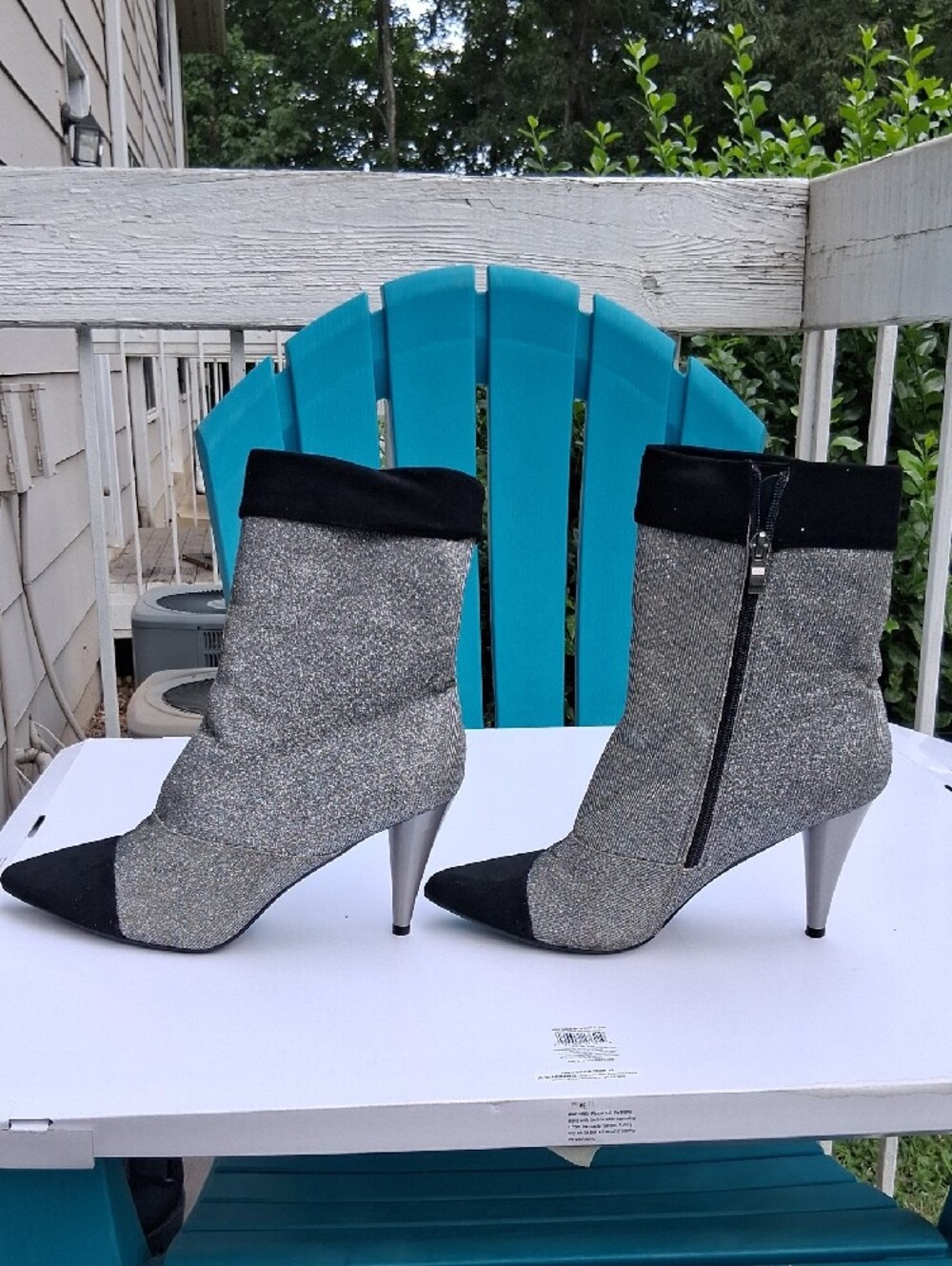 Women's Metallic Silver Glitter Ankle Boots with Black Toe and Cuff - Picture 2 of 4